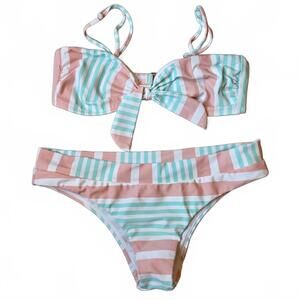 Raisins Bandeau Cheeky Bikini Cream Peach Teal Striped Women's Size Small